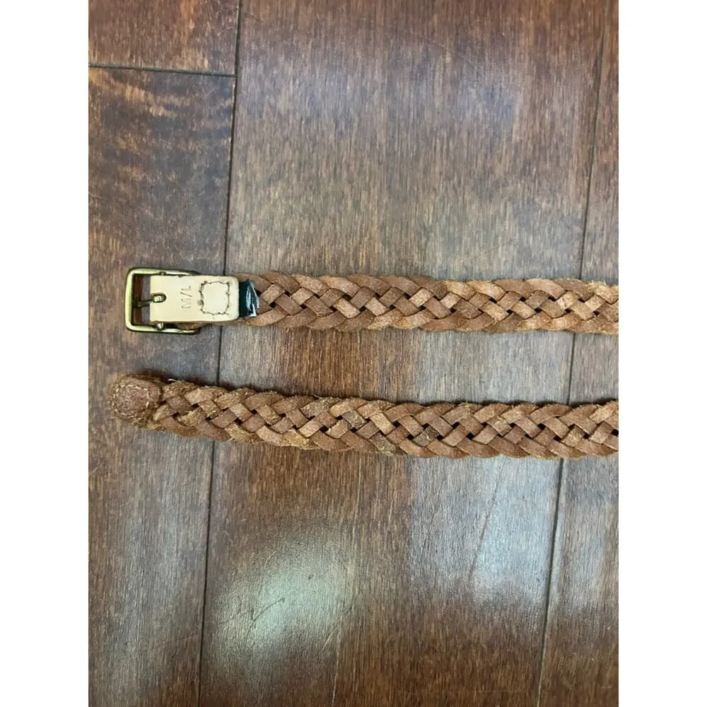 Skinny Braided Brown Leather Belt with Blue Trim, Size M/L